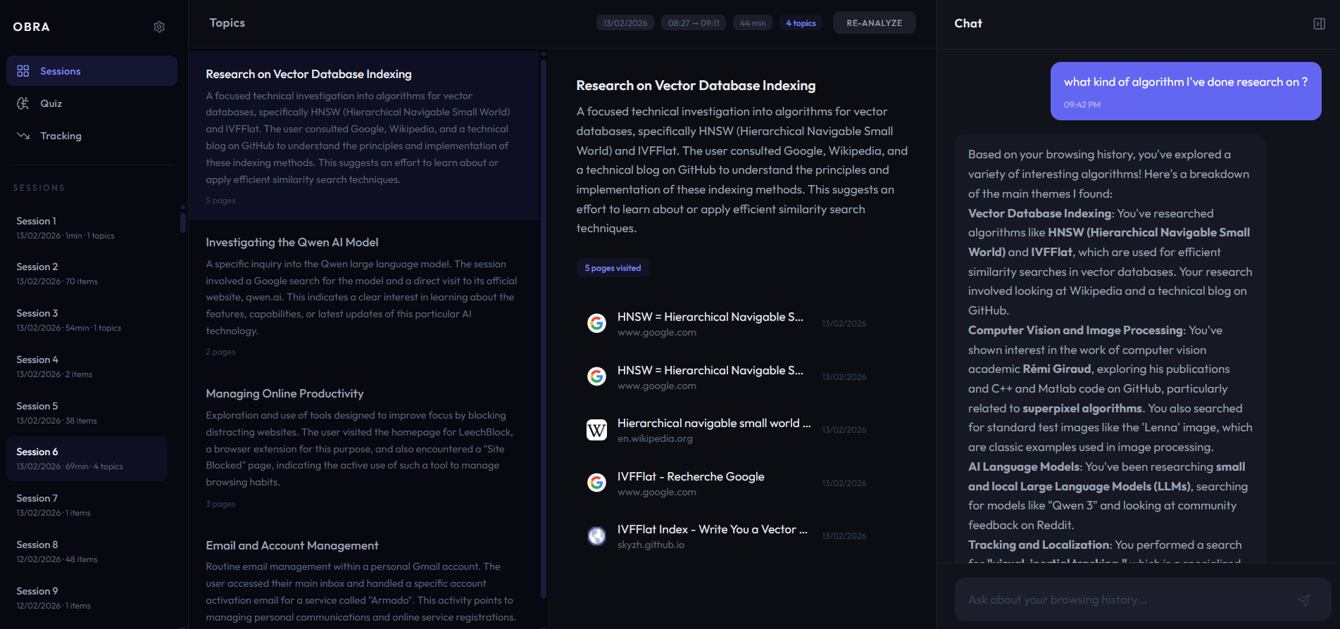 Obra dashboard showing session list, topic clusters, and AI chat sidebar