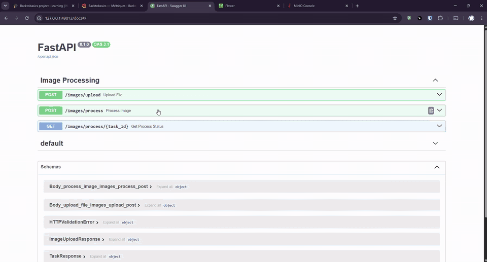 Swagger upload, Celery worker processing, and input/output objects in the MinIO bucket